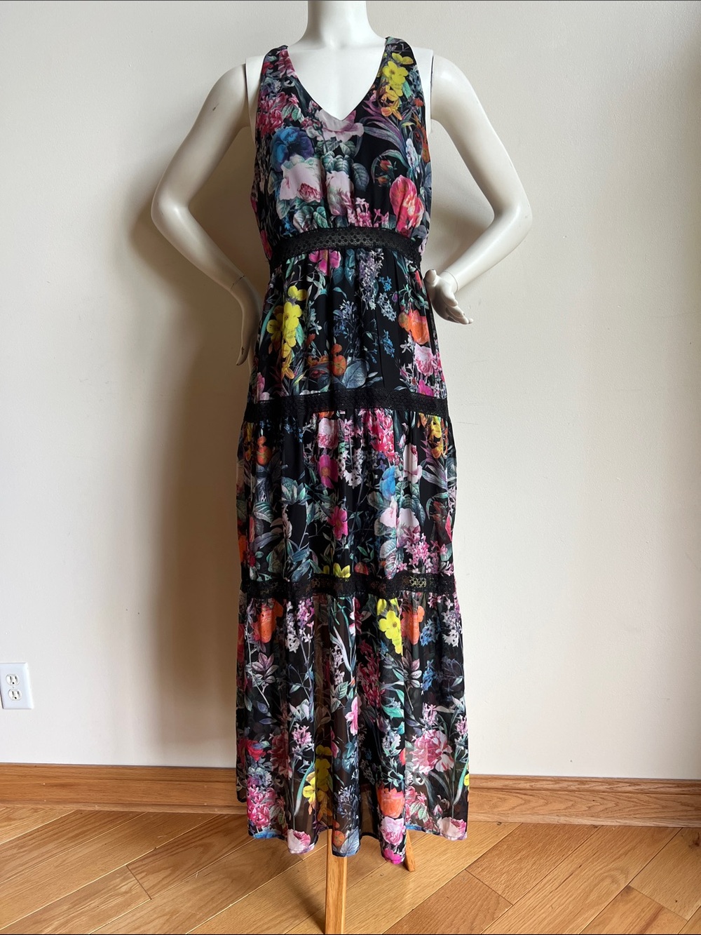 New York & Company Black Floral Tiered Maxi Dress